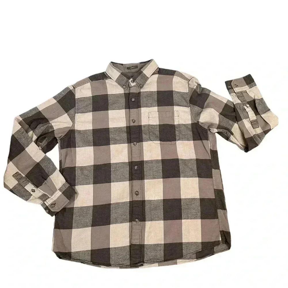 Eddie Bauer Cotton Flannel Long Sleeve Button Gray Checkered Shirt Men’s size L